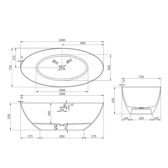 Ванна из искусственного камня ABBER Stein AS9625  белая матовая