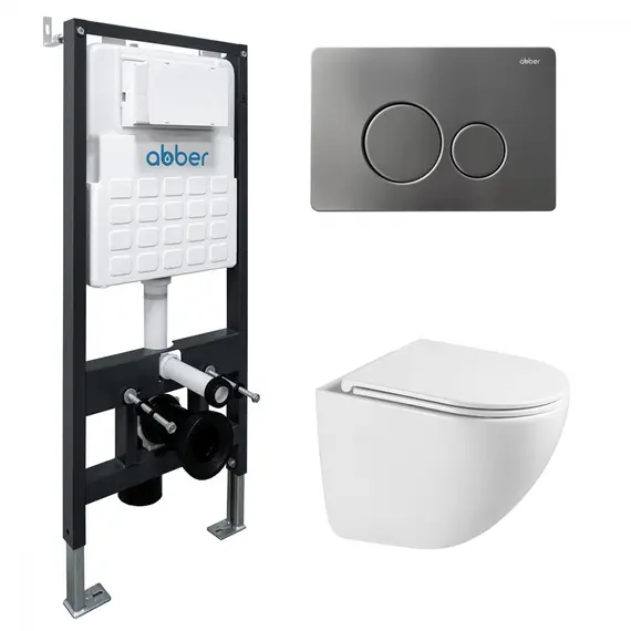 Комплект подвесной унитаз ABBER Bequem AC1131TC белый, с закрытым дном с инсталляцией AC0105 и кнопкой AC0121NG никель