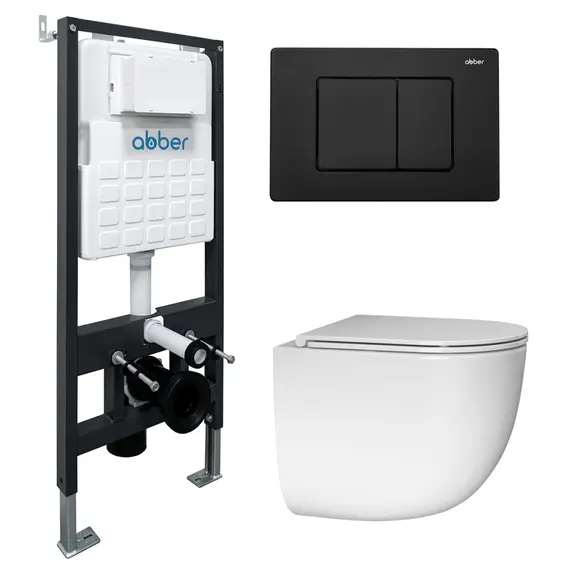 Комплект подвесной унитаз ABBER Bequem AC1132TC белый, с закрытым дном с инсталляцией AC0105 и кнопкой AC0120MB черный матовый