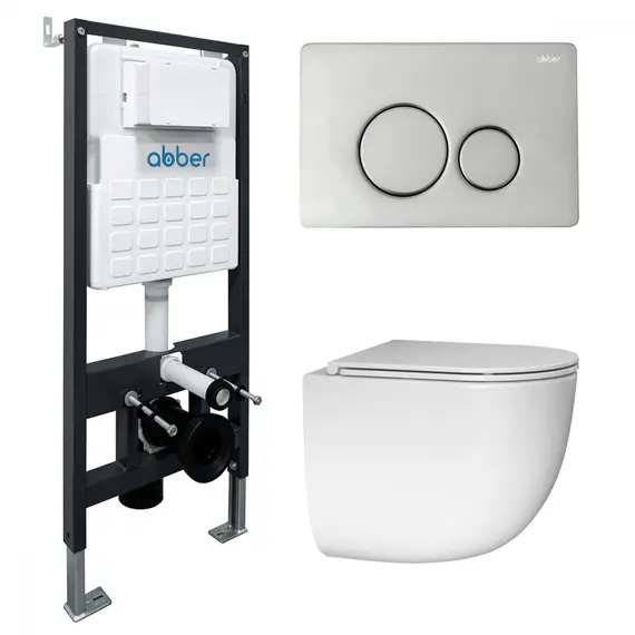 Комплект подвесной унитаз ABBER Bequem AC1132TC белый, с закрытым дном с инсталляцией AC0105 и кнопкой AC0121 хром глянцевый