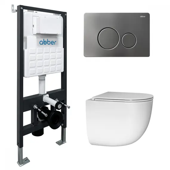 Комплект подвесной унитаз ABBER Bequem AC1132TC белый, с закрытым дном с инсталляцией AC0105 и кнопкой AC0121NG никель