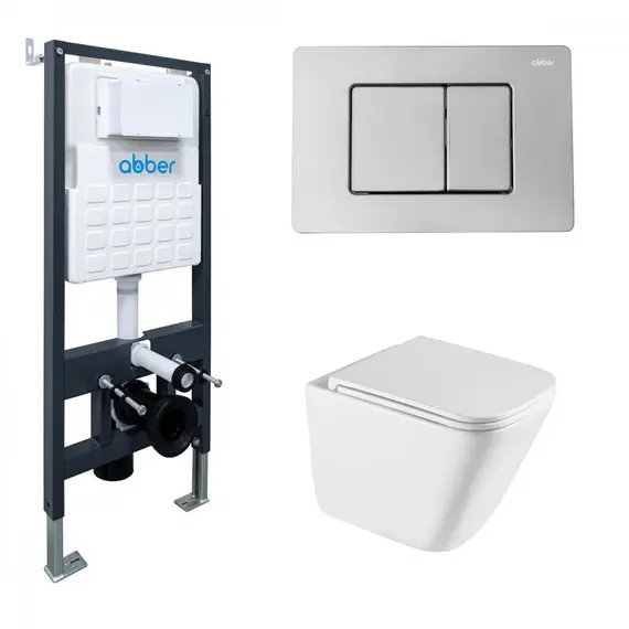 Комплект подвесной унитаз ABBER Rechteck AC1219TC белый, с закрытым дном с инсталляцией AC0105 и кнопкой AC0120 хром глянцевый