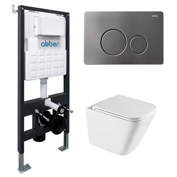 Комплект подвесной унитаз ABBER Rechteck AC1219TC белый, с закрытым дном с инсталляцией AC0105 и кнопкой AC0121NG никель