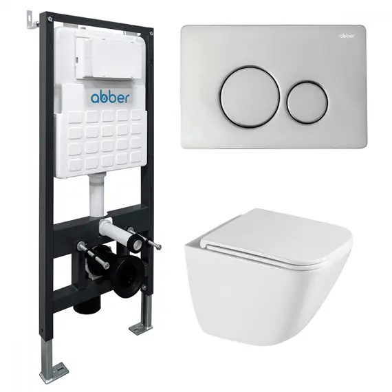 Комплект подвесной унитаз ABBER Rechteck AC1220TC белый, с закрытым дном с инсталляцией AC0105 и кнопкой AC0121 хром глянцевый