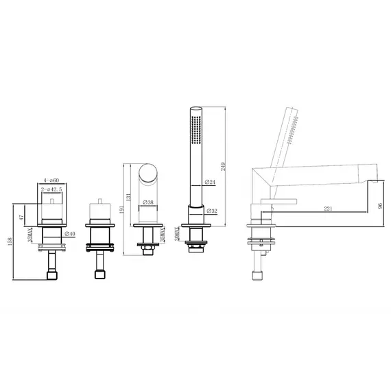 Смеситель ABBER Perfekte 316 AF8A13BG на борт ванны с лейкой, золото брашированное