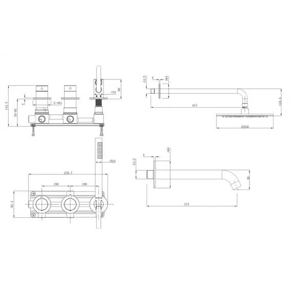 Душевая система ABBER Wasser Kreis 316 AF8150BG скрытого монтажа с изливом, термостат, золото брашированное