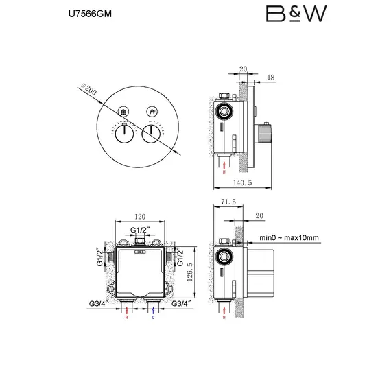 Встроенная душевая система Black&White U7566GM